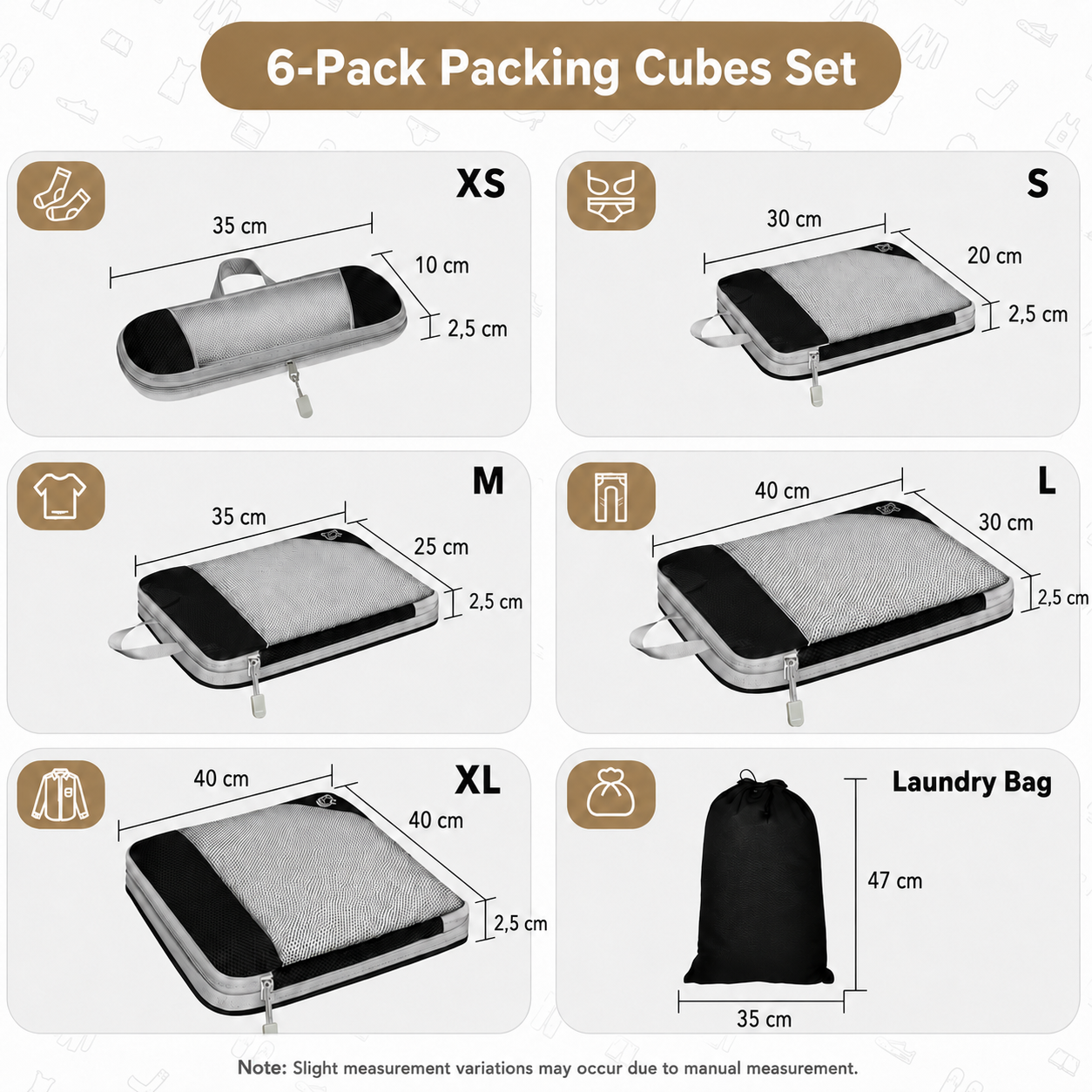 Travel Organizer Set with Compression – 6-Pack Packing Cubes for Suitcase & Travel
