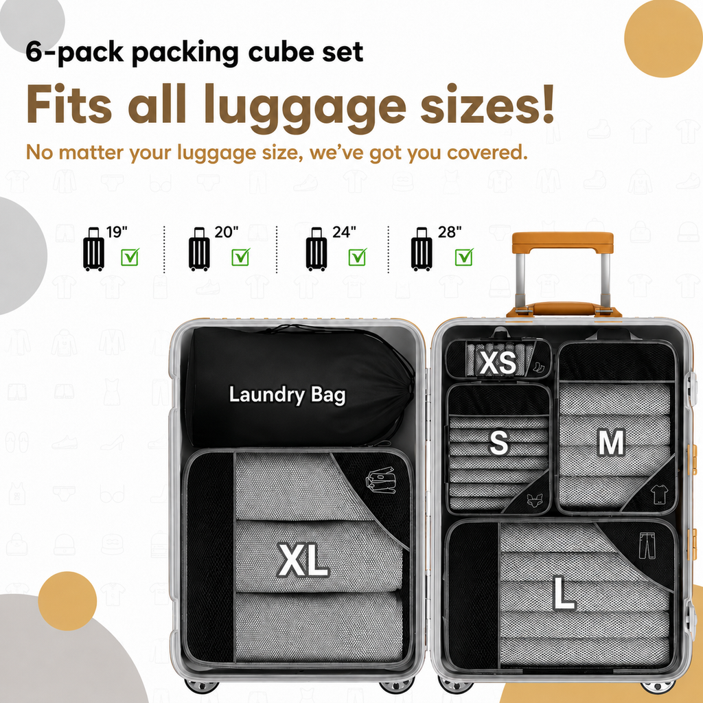 Travel Organizer Set with Compression – 6-Pack Packing Cubes for Suitcase & Travel