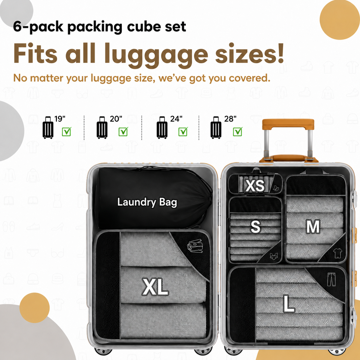 Travel Organizer Set with Compression – 6-Pack Packing Cubes for Suitcase & Travel