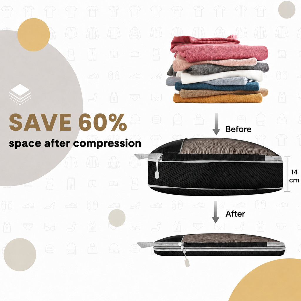 Travel Organizer Set with Compression – 6-Pack Packing Cubes for Suitcase & Travel