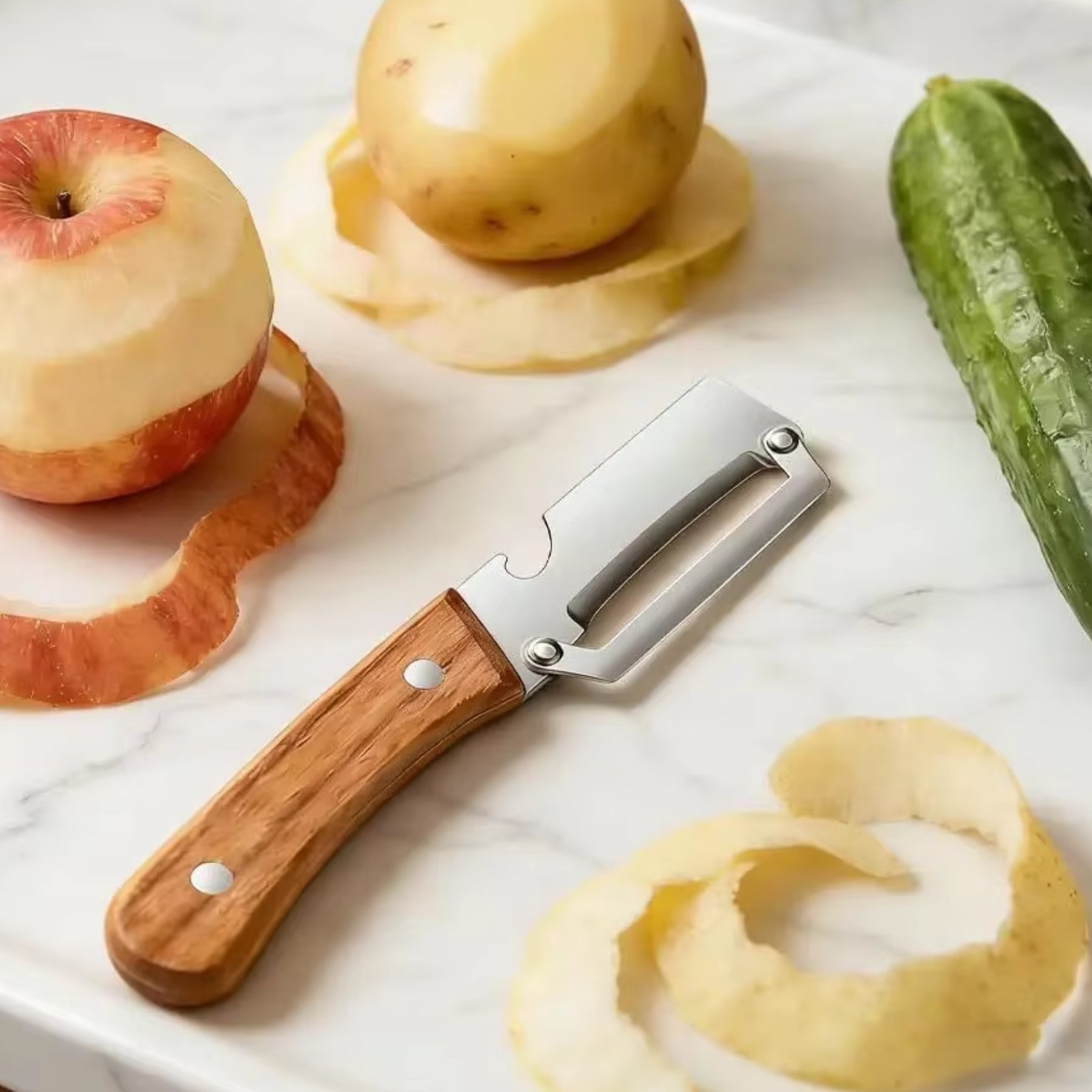 Stainless Steel Vegetable Peeler with Wooden Handle – Kitchen Peeler for Potatoes, Fruit & Vegetables