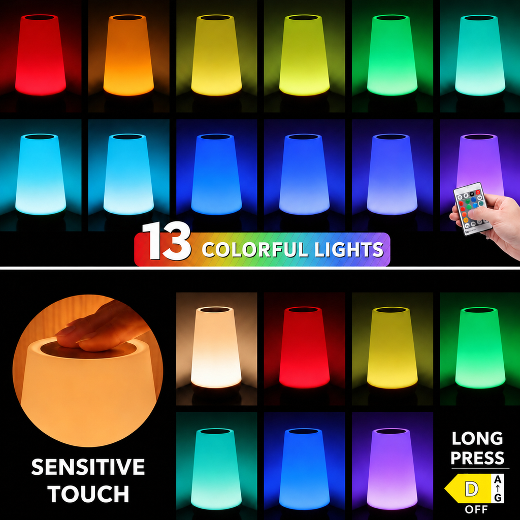 LED Table Lamp with 13 Colours – Rechargeable Night Light with Remote Control and Touch Control