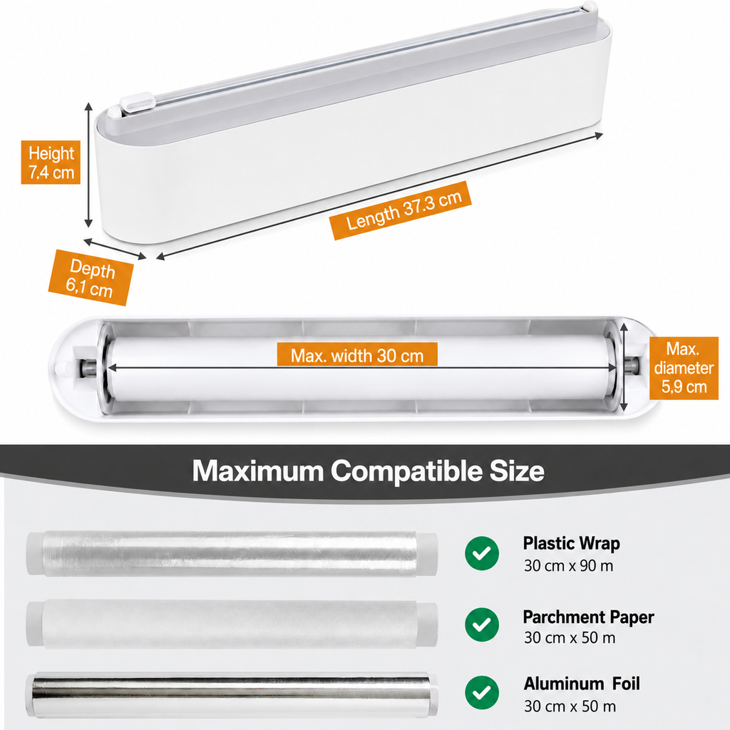 Magnetic Foil & Wrap Dispenser with Cutter – For Plastic Wrap, Aluminium Foil & Baking Paper