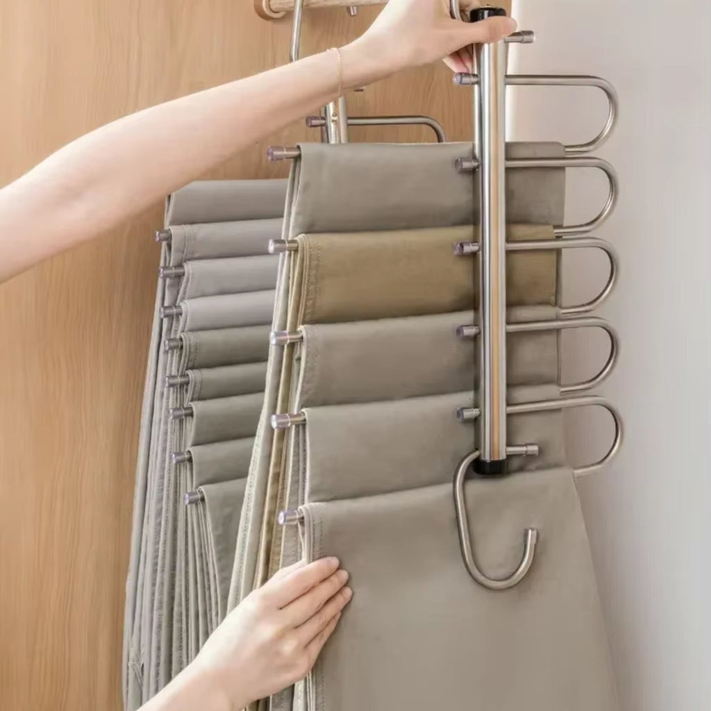 Space-Saving Trouser Hanger – Foldable Stainless Steel Pants Hanger with 5 or 9 Tiers