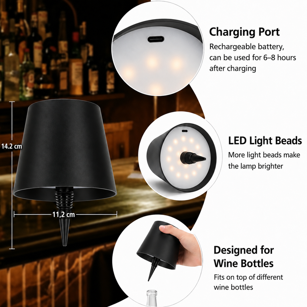 Rechargeable LED Bottle Lamp – Wireless Table Lamp with 3 Light Colours for Bottles, Home & Restaurant