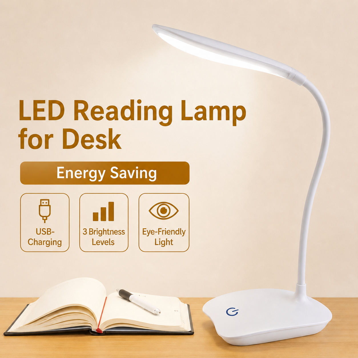 Rechargeable LED Desk Lamp – Dimmable Table Lamp with 3 Light Levels and USB Charging for Reading & Work