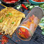 Rotating BBQ Grill Basket in Stainless Steel – Grill Basket with Wooden Handle for BBQ & Outdoor Cooking
