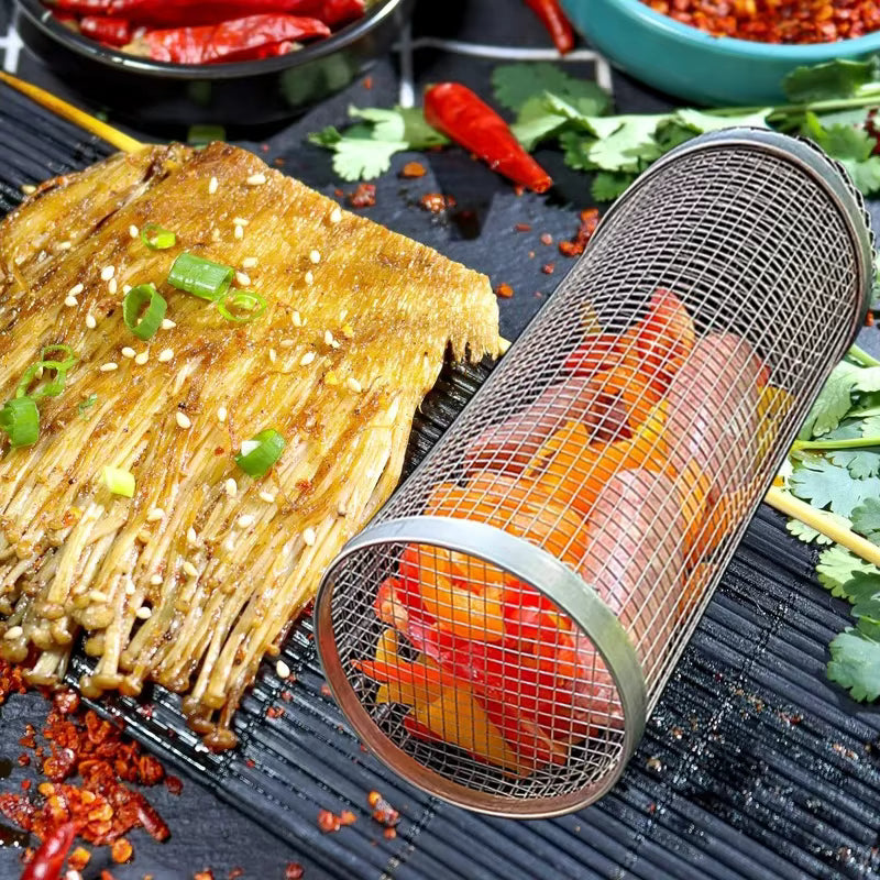 Rotating BBQ Grill Basket in Stainless Steel – Grill Basket with Wooden Handle for BBQ & Outdoor Cooking