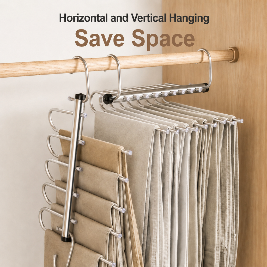 Space-Saving Trouser Hanger – Foldable Stainless Steel Pants Hanger with 5 or 9 Tiers